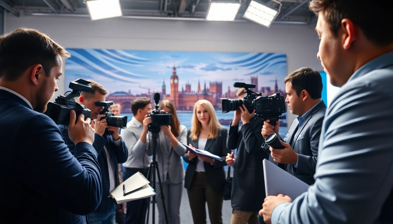 A group of journalists reporting coventry news at a press conference, capturing the energy and urgency.