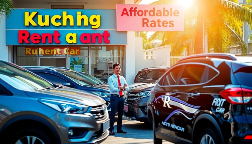 Kuching rent a car service showcasing a friendly staff member assisting customers with a fleet of vehicles.