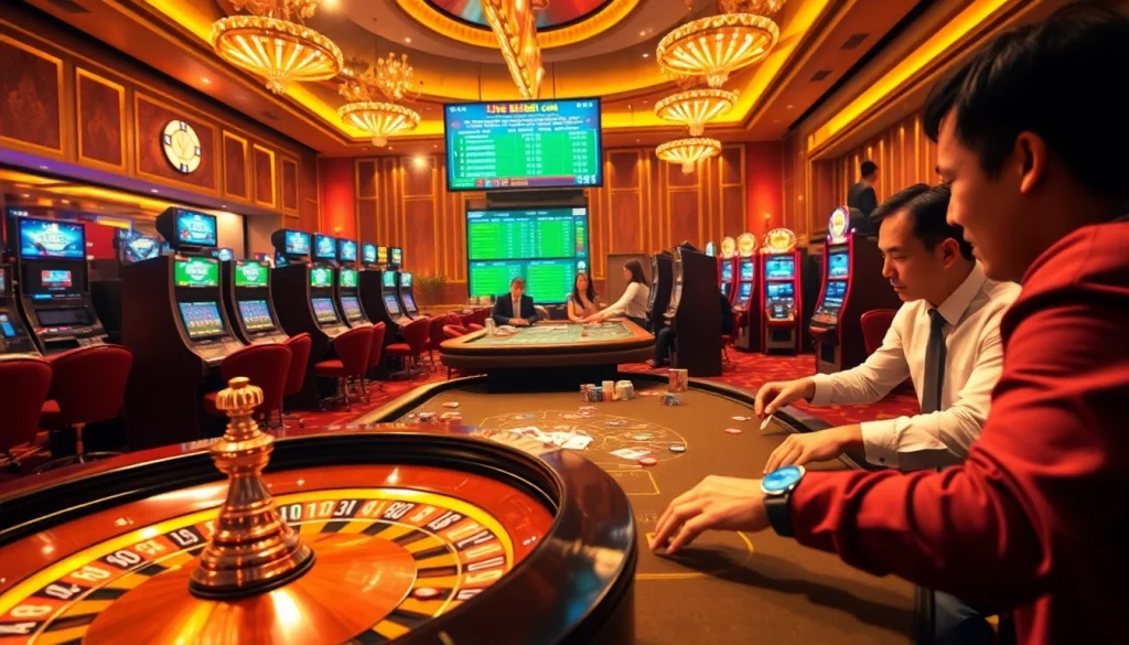 Bet enthusiastically at the vibrant casino scene featuring rr88.com with roulette, poker tables, and slot machines.