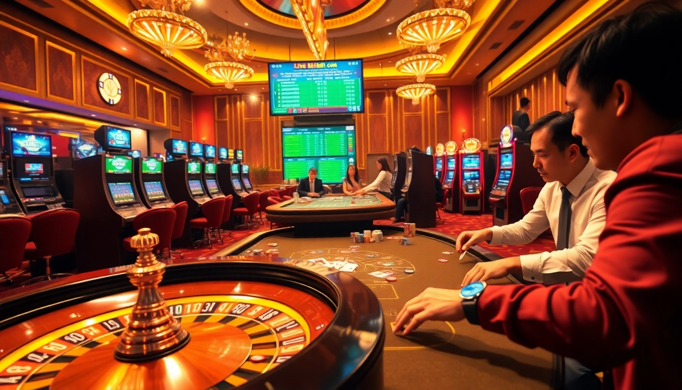 Bet enthusiastically at the vibrant casino scene featuring rr88.com with roulette, poker tables, and slot machines.