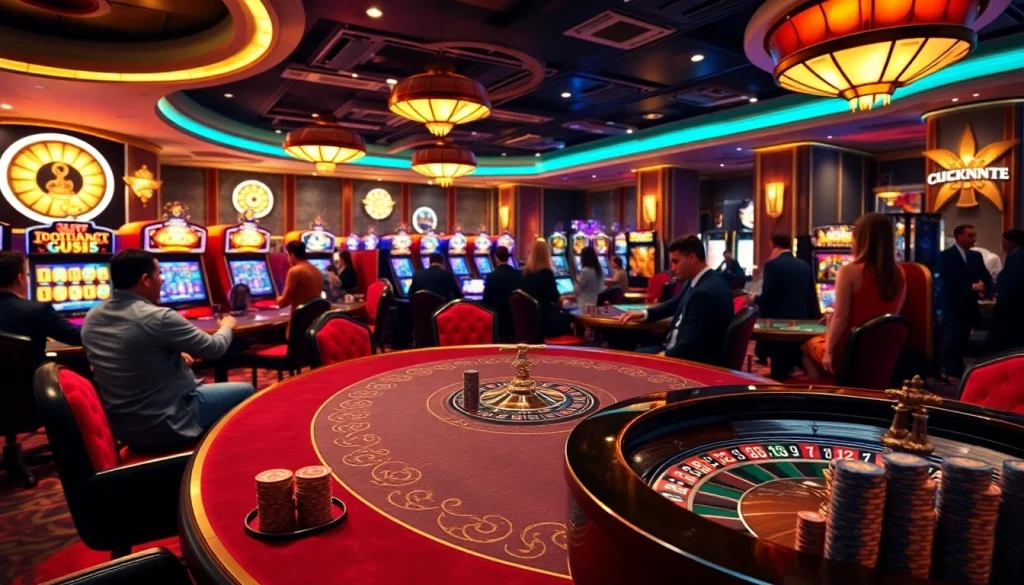Players engage at a vibrant poker table while enjoying the excitement of https://topxx88.com slot machines.