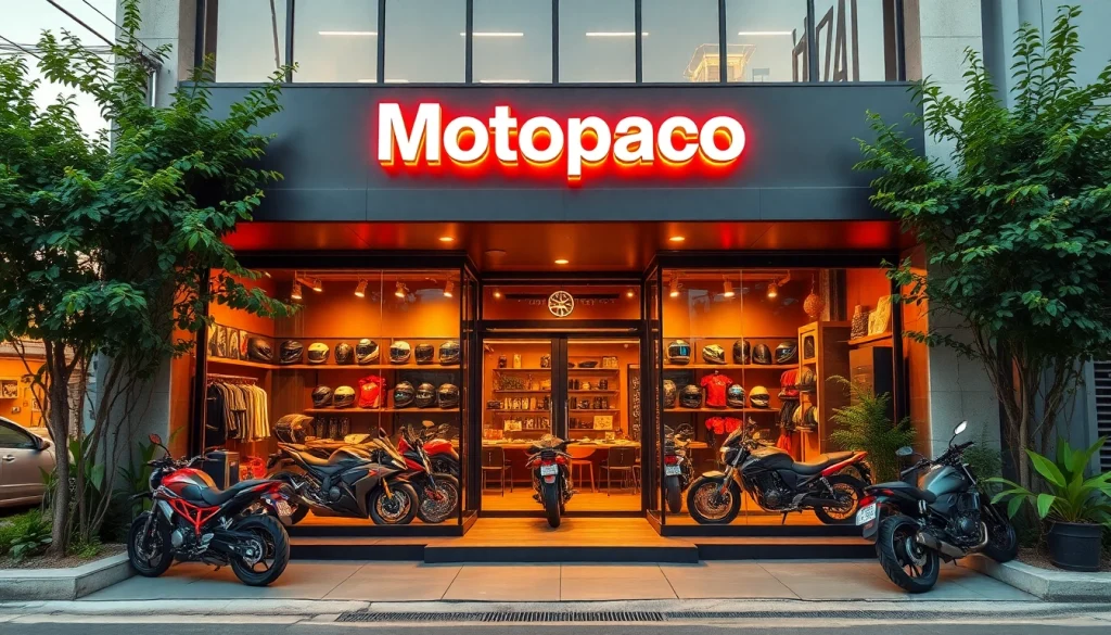 Vitrine Motopaco avec des accessoires de moto, design vibrant et atmosphère accueillante.