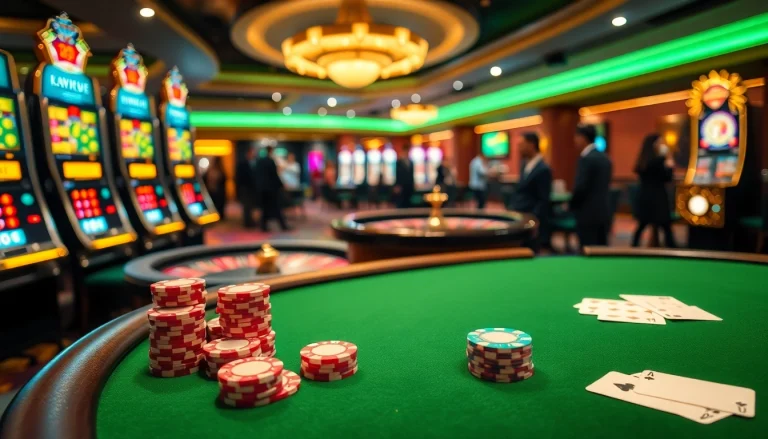 Exciting scene of gaming at KJC, showcasing poker, roulette, and vibrant slot machines.