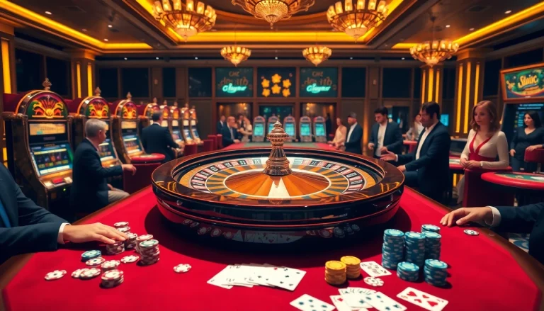 Experience the excitement of gambling at https://u888hii.com/ with a luxury casino scene featuring roulette and poker elements.