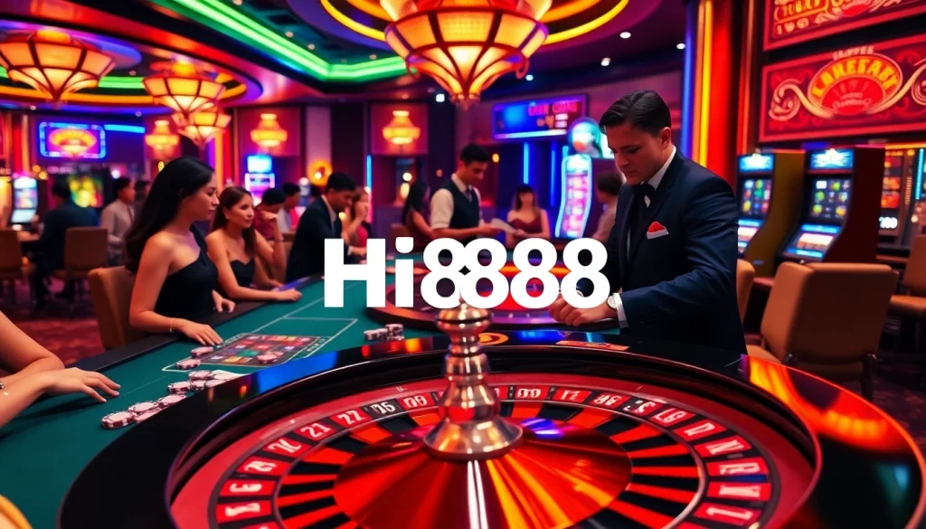 Players engaging at a thrilling Hi888 casino roulette table with colorful chips and lively atmosphere.