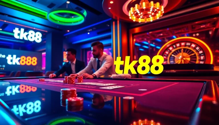 Players enjoy a thrilling poker game at tk88, surrounded by vibrant casino ambiance and excitement.