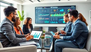 ERP çözümleri showcased in a modern office with diverse professionals analyzing digital data.