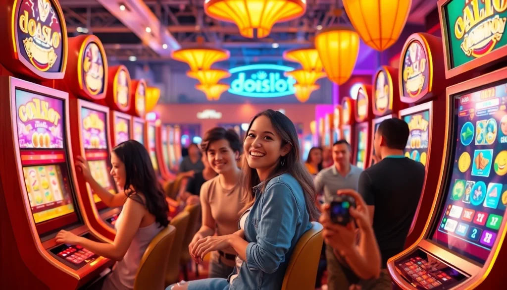 Engaging scene of players thrilled by doaslot slot machines in a modern casino.