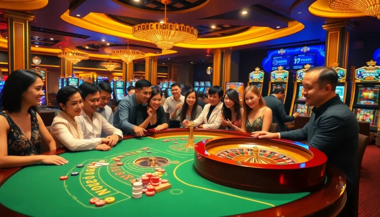 A vibrant casino scene featuring players excitedly betting at a roulette table, embodying the thrilling experience of rr88.