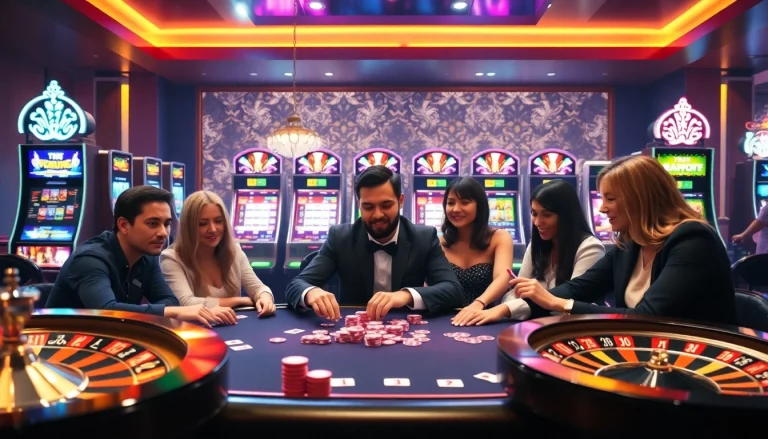 Players enjoy a thrilling poker game at uk88 vip online casino, showcasing excitement and luxury.