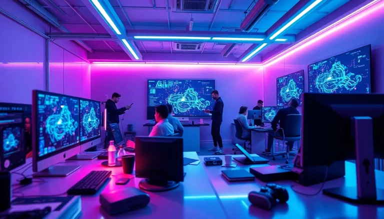 Futuristic workspace for AI-generated adult content showcasing collaborative creators in a modern setting.