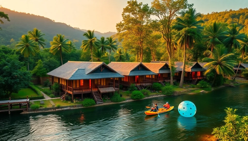 Scenic view of Dandeli Hotels with riverside cottages and adventure activities on Kali River.