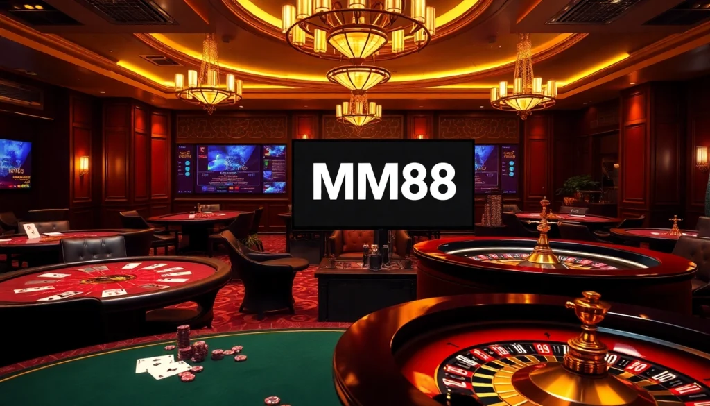 Experience the excitement of MM88 with vibrant casino tables, chips, and engaging gaming scenes.