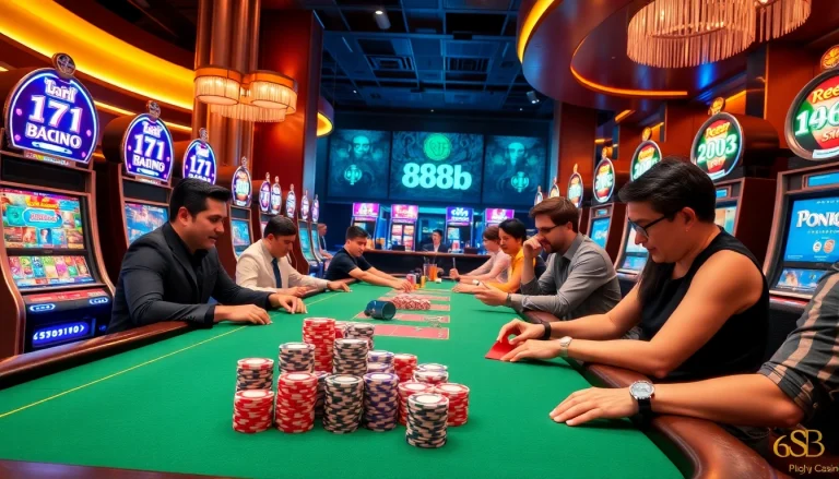 Engaging players at nhà cái 888b casino table featuring poker chips and slot machines.