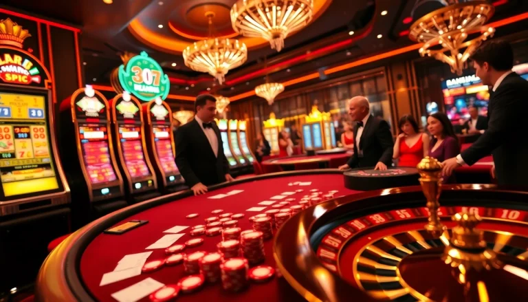 Experience the thrill of MM88 at a vibrant casino setting with poker tables and roulette.