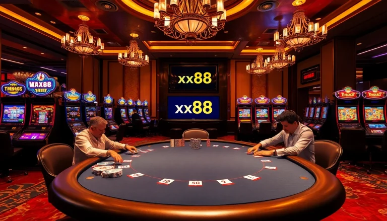 Players immersed in intense poker action at an xx88 casino table
