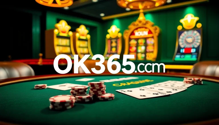 Experience the excitement of gambling with OK365 com in a luxurious casino setting with cards and chips.
