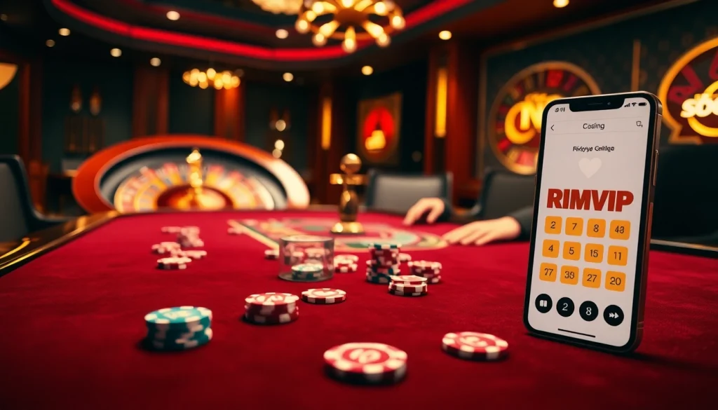 Players competing at a poker table in a vibrant casino showcasing https://rikvip.college/ game interface and excitement.