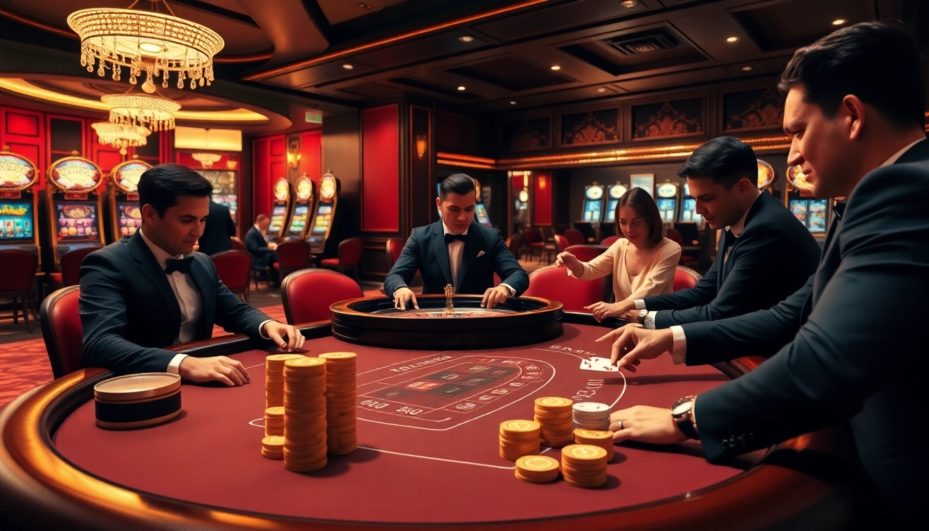 Elegant casino scene with s8 poker table action, thrilling players, and roulette excitement.