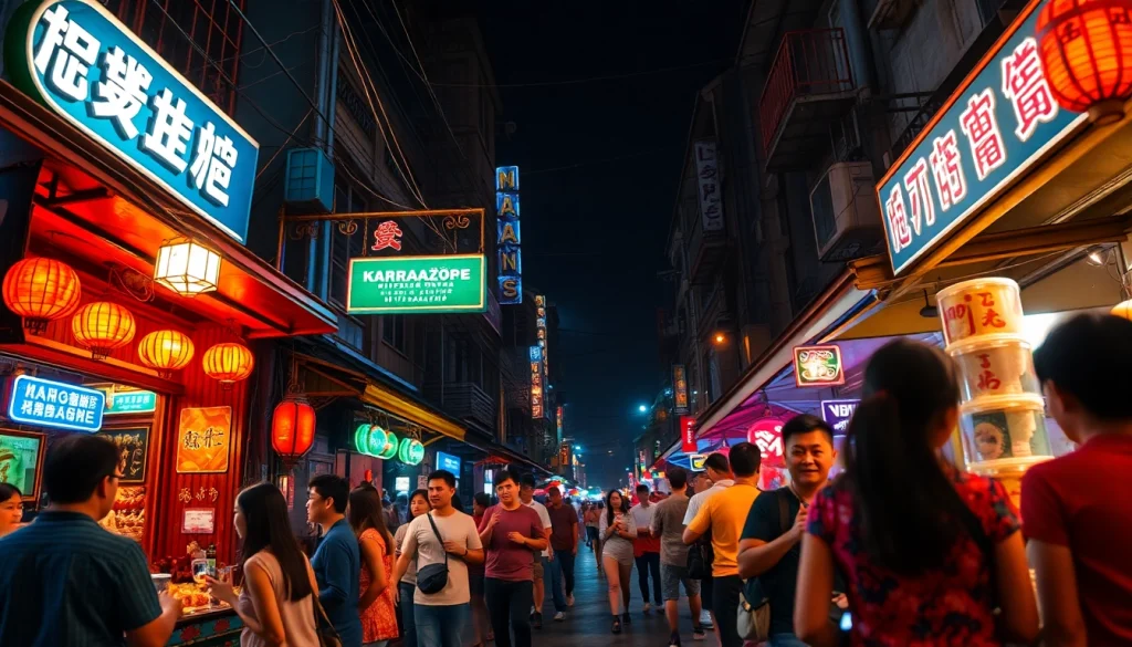 Experience 베트남밤문화 in a lively night scene with vibrant bars, crowds, and street vendors.