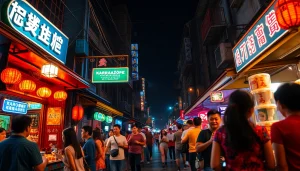 Experience 베트남밤문화 in a lively night scene with vibrant bars, crowds, and street vendors.
