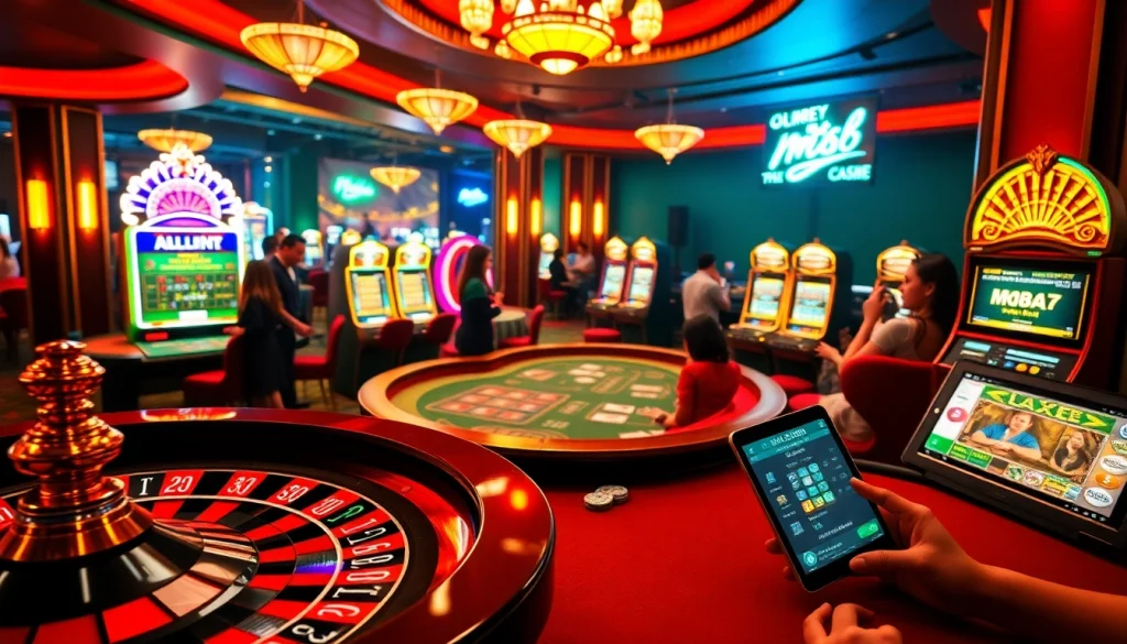 Experience dynamic gambling at MM88 with vibrant roulette and poker tables, reflecting the excitement of online betting.