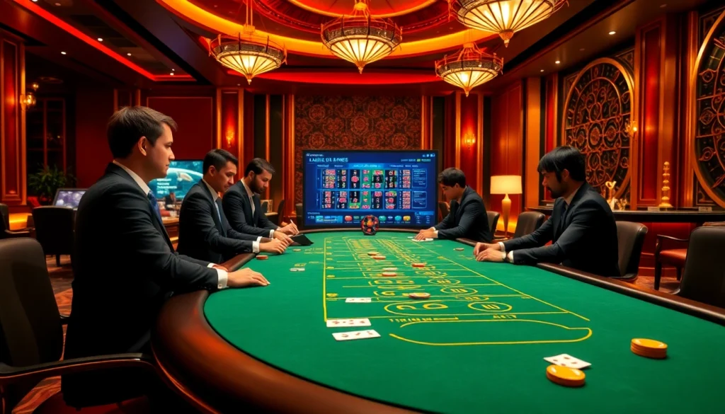 Players enjoying a thrilling game at nhà cái usbet's live dealer table in an elegant casino setting.