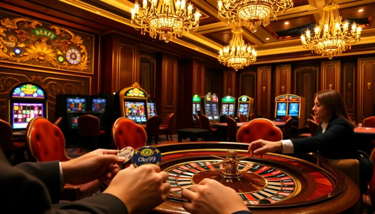 High-stakes poker action at Oke99 casino with luxurious decor and vibrant gaming atmosphere.