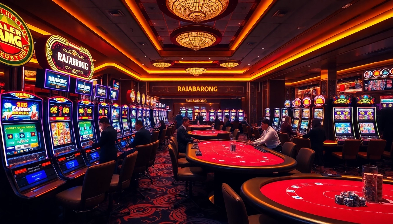 RAJABARONG showcases vibrant slot machines and elegant poker tables in a luxurious casino atmosphere.