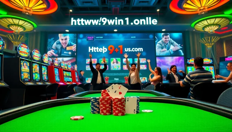 Players enjoying games on https://9win1.online/ surrounded by vibrant casino elements and excitement.