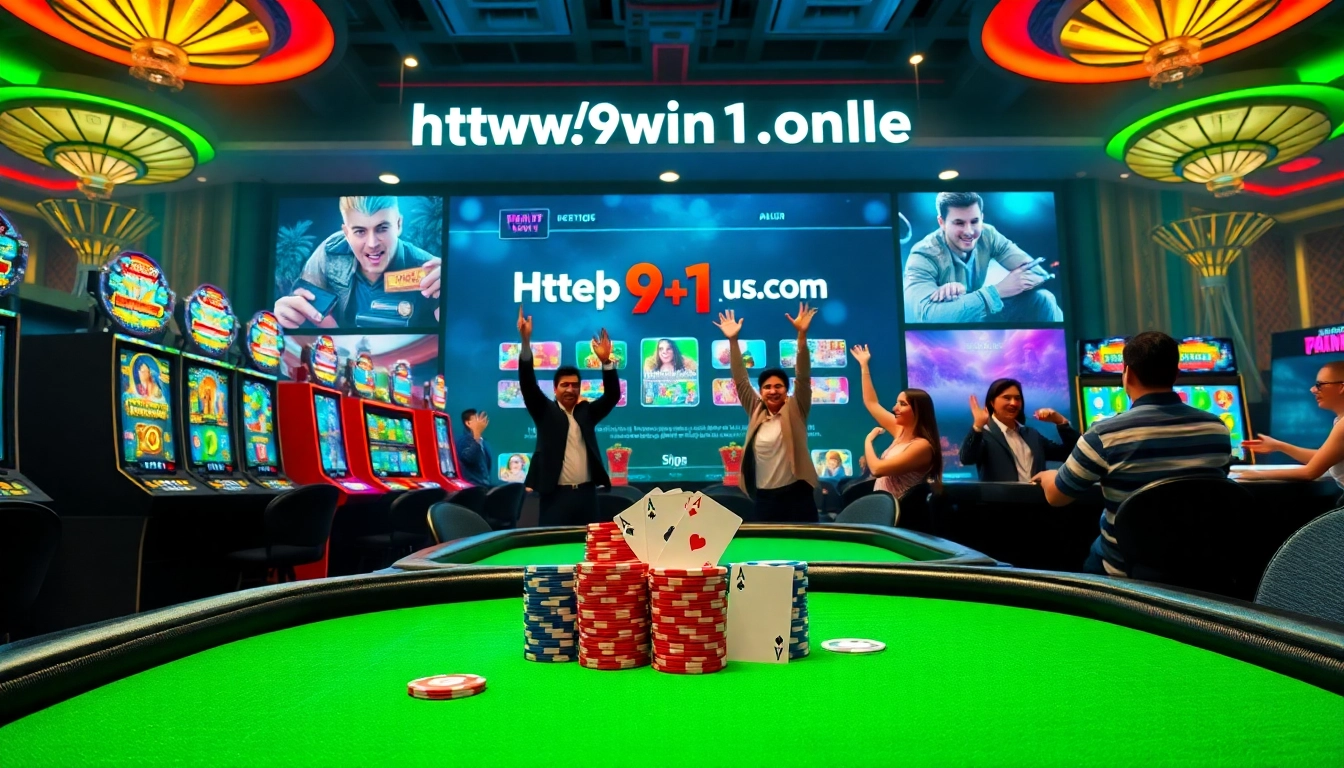 Players enjoying games on https://9win1.online/ surrounded by vibrant casino elements and excitement.