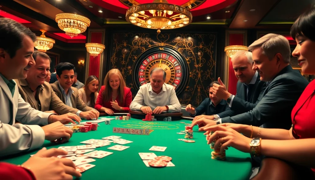 Players enjoy an exciting poker game at 79king's vibrant casino, showcasing high stakes and thrilling action.