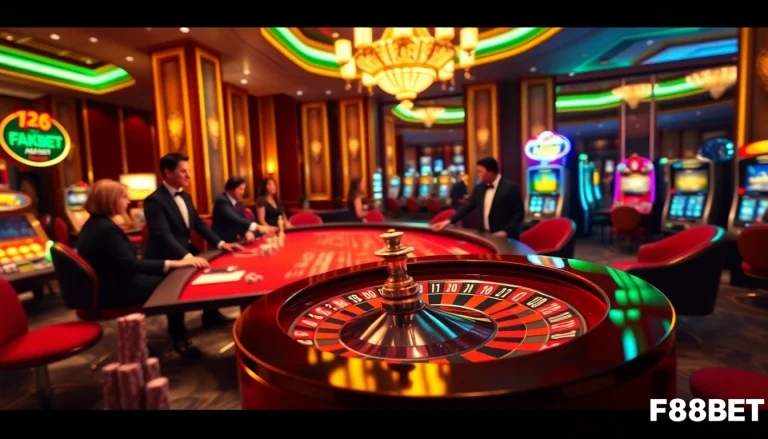 Experience the thrill of Nhà cái F8BET with lively casino atmosphere featuring tables, chips, and players.