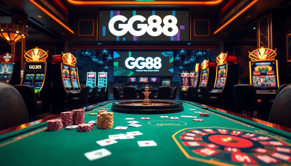 Experience GG88 casino excitement with vibrant poker chips and roulette wheel in an upscale setting.