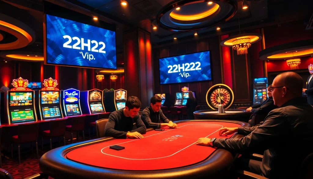 A thrilling scene of players at a poker table in a luxurious setting representing 2PH222 Vip casino excitement.