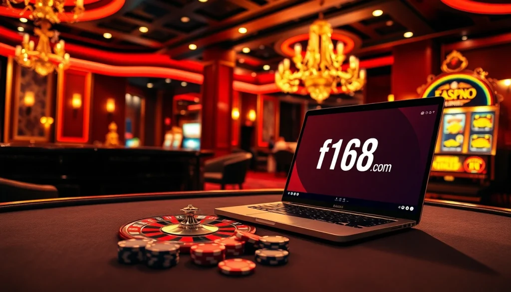 Engaging players at f168biz.com with a luxurious online casino scene showcasing roulette, poker chips, and vibrant slot machines.