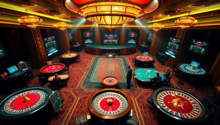 The vibrant atmosphere of https://f168.studio/ showcasing thrilling casino games and high-stakes action in a luxurious setting.