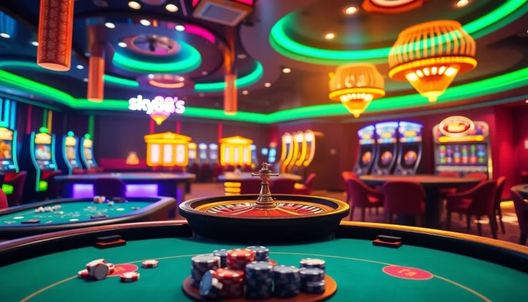 Thrilling gaming scene at sky88 us with vibrant casino tables and digital slot machines.