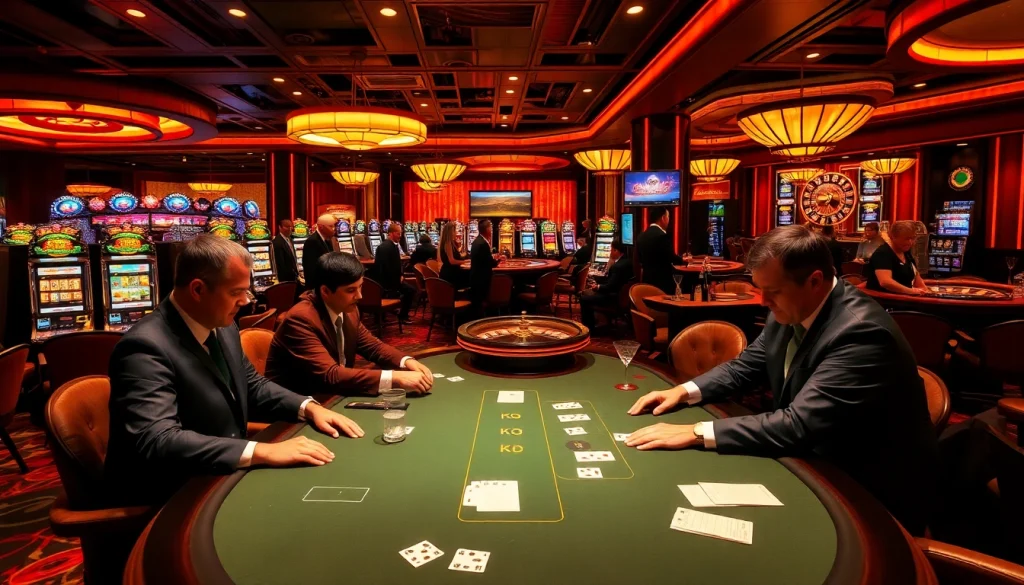 KJC branded poker players engage in a high-stakes game in a luxurious casino setting.