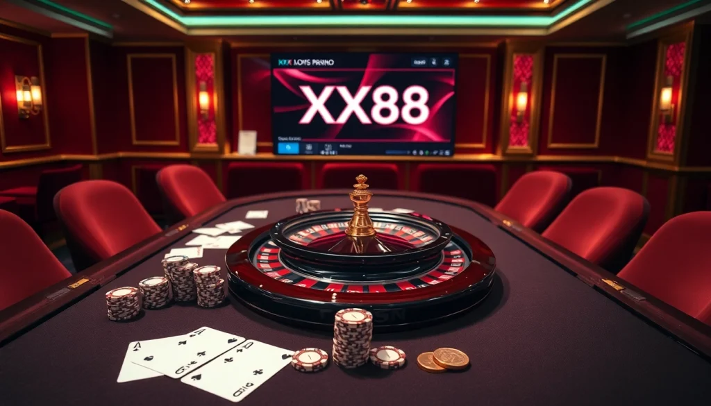 Engaging casino visuals showcasing https://xx88.promo/ with vibrant playing cards and roulette.