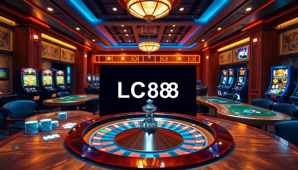 Engage in exciting gameplay at LC88 Đăng nhập, showcasing a vibrant casino atmosphere with poker chips and slot machines.
