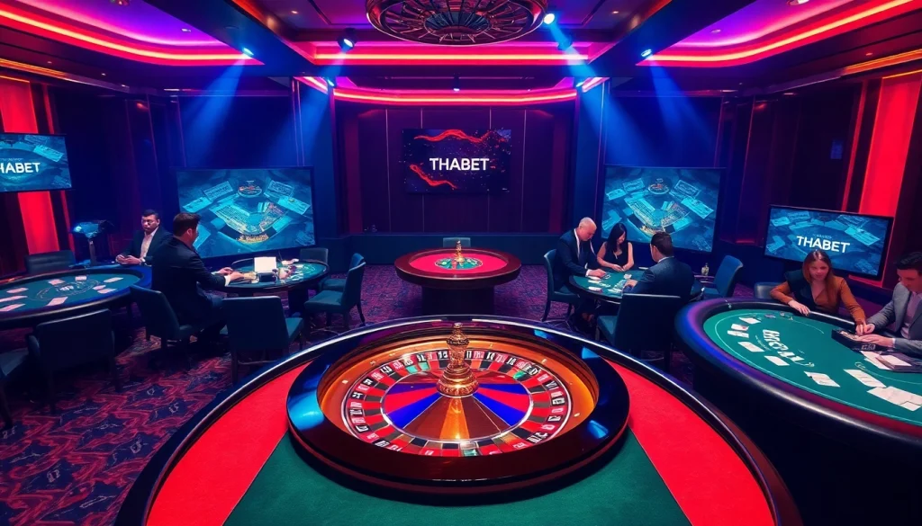 Glowing THABET casino scene with roulette wheel and engaged players showcasing excitement.