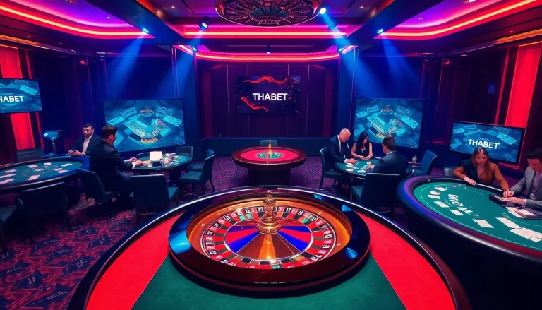 Glowing THABET casino scene with roulette wheel and engaged players showcasing excitement.