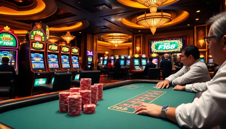 Players enjoying a thrilling game at F168 casino with vibrant slots and poker tables.