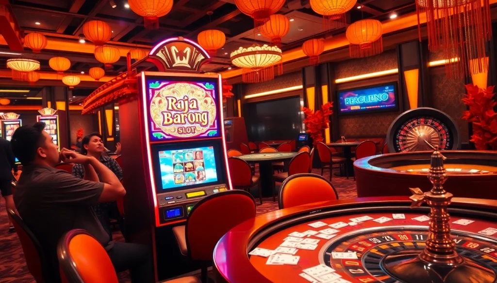 Experience the thrill of raja barong slot at a luxurious casino, surrounded by vibrant decorations.
