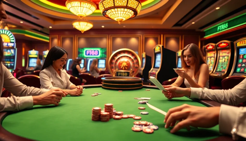 Experience the thrill of F168 with a professional casino atmosphere featuring poker tables and vibrant slot machines.