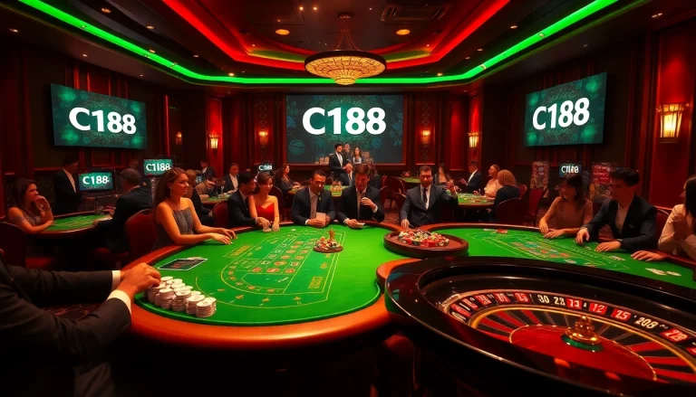 Engaging players at C168 casino tables winning with poker chips and dynamic atmosphere.