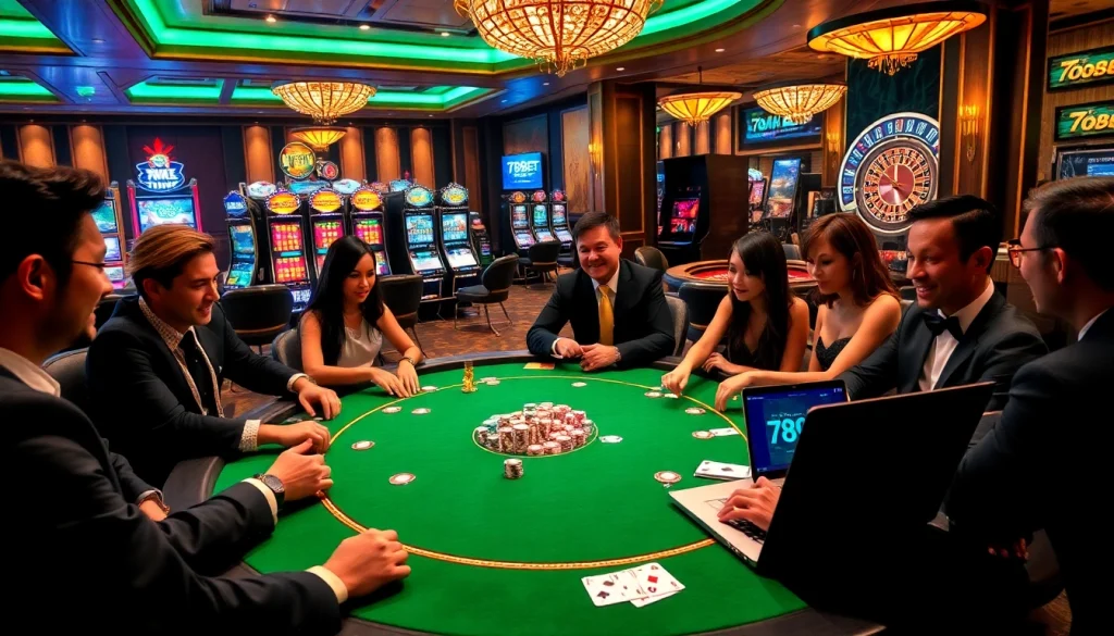 Players enjoying poker at a stylish casino table, featuring 789BET đăng nhập website displayed on a laptop.