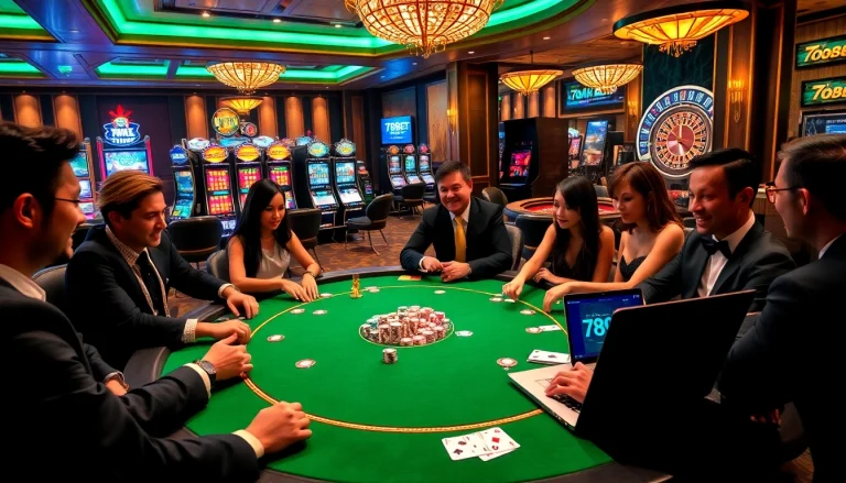 Players enjoying poker at a stylish casino table, featuring 789BET đăng nhập website displayed on a laptop.
