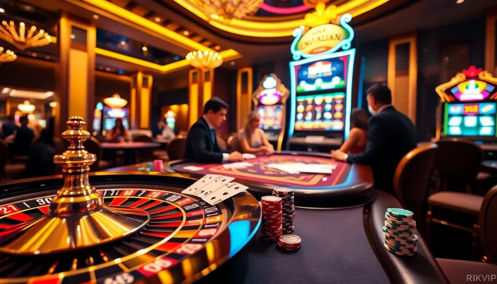 Engaging gameplay scene from RIKVIP casino with poker chips and cards, highlighting excitement and strategy.